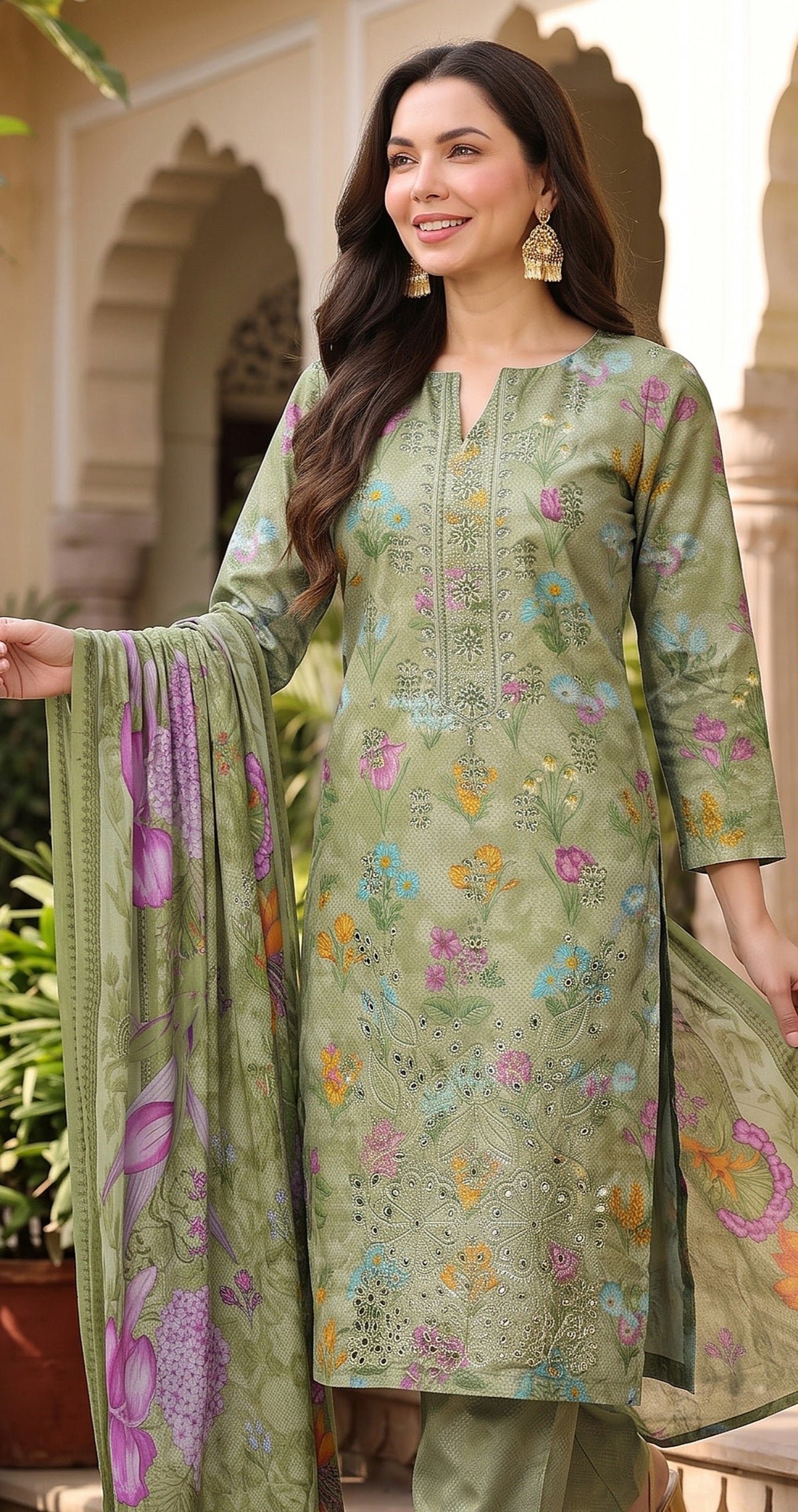 Sage green floral printed 3 piece suit with multicolor dupatta for women