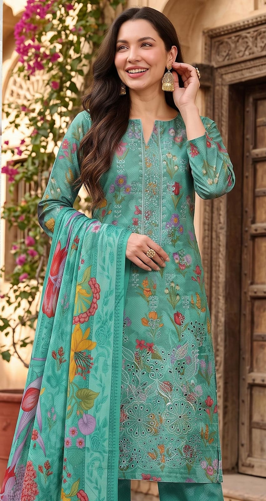 Mint Green 3-Piece Embroidered Suit with Printed Dupatta