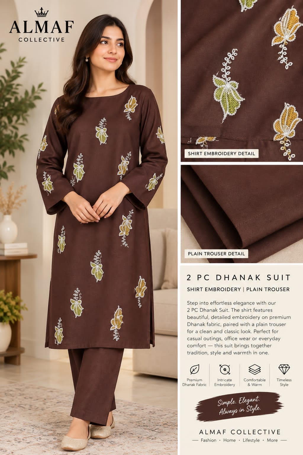 Brown Dhanak 2-piece suit with elegant leaf embroidery and matching plain trouser