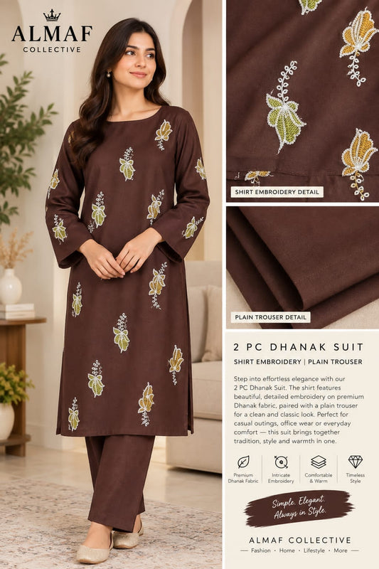 Brown Dhanak 2-piece suit with elegant leaf embroidery and matching plain trouser