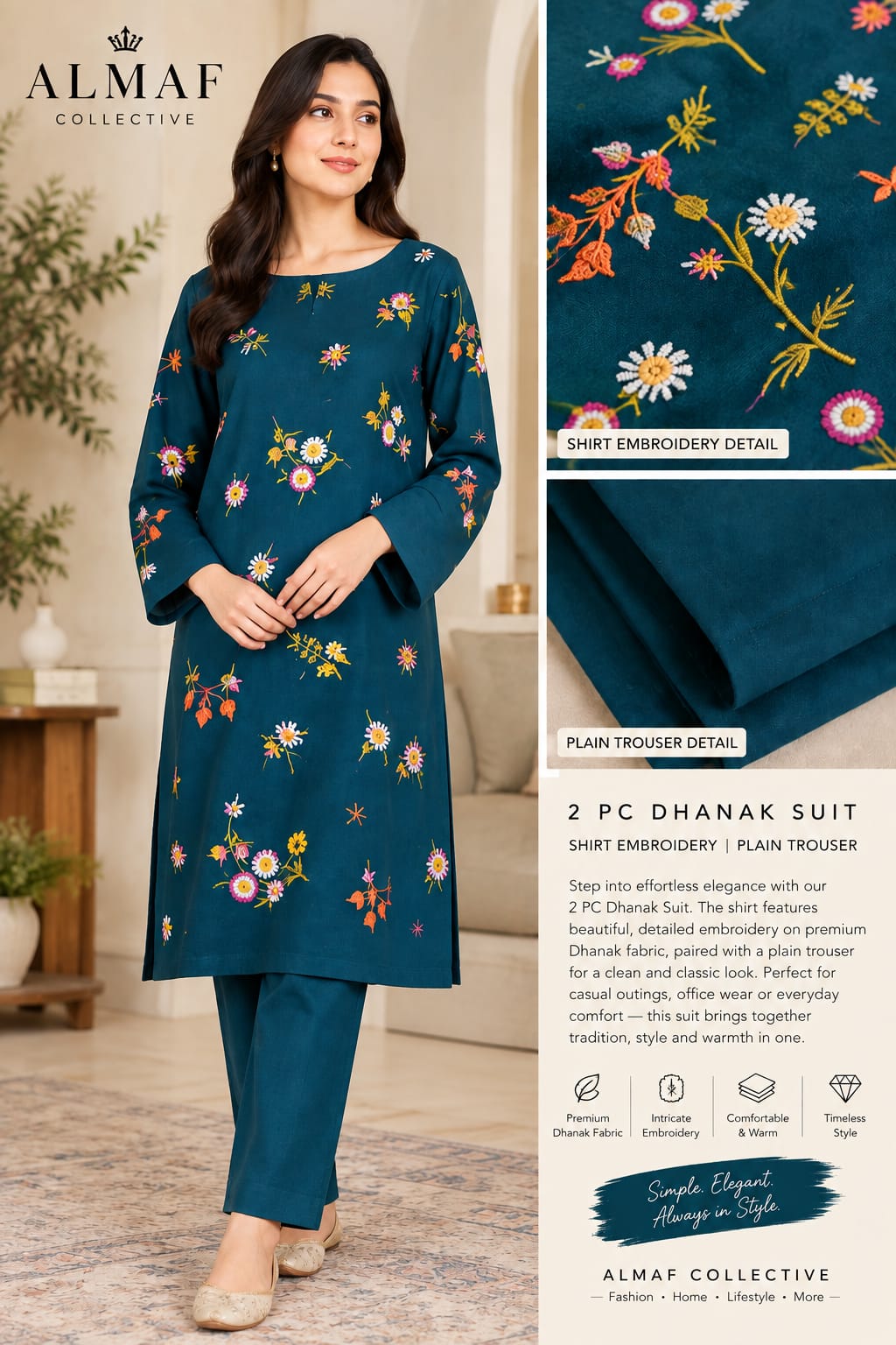 Teal blue Dhanak 2-piece suit with colorful floral embroidered shirt and plain trouser
