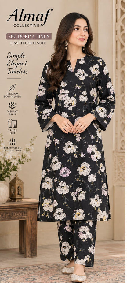 Black - 2 PC Doriya Linen Floral Printed Suit