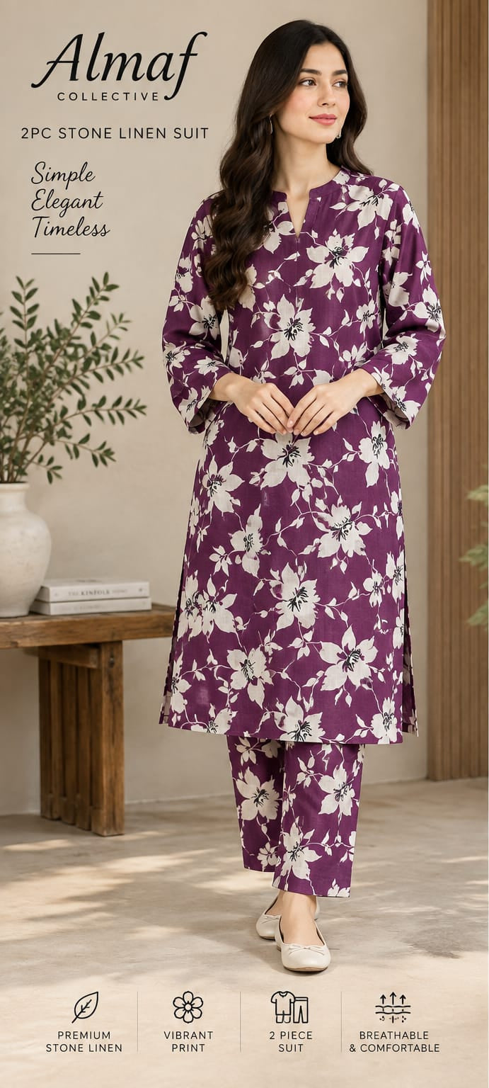 Plum / Purple | 2 PC Stone Linen Floral Printed Suit