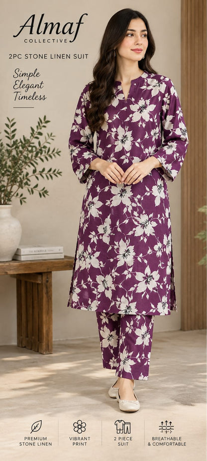 Plum / Purple | 2 PC Stone Linen Floral Printed Suit
