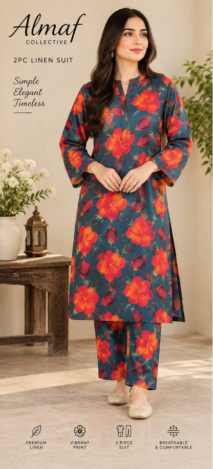 Teal Blue & Orange - 2 PC Stone Linen Floral Printed Suit