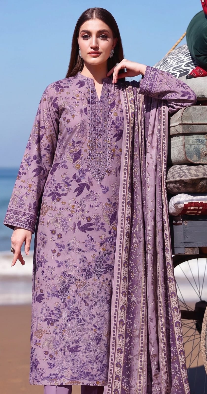 Purple floral printed linen 3-piece suit with linen dupatta for women.