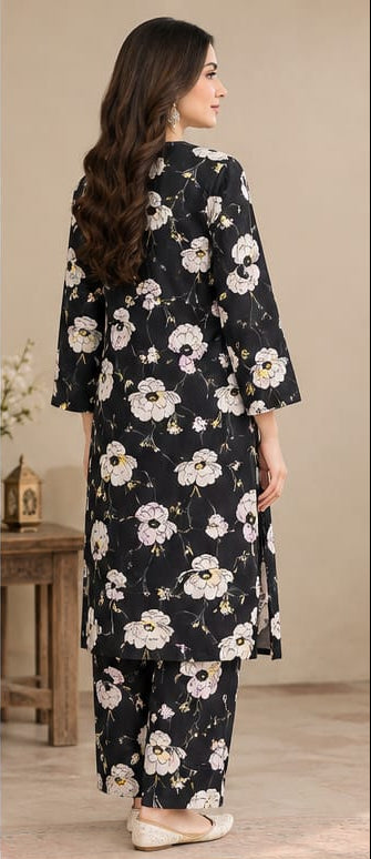 Black - 2 PC Doriya Linen Floral Printed Suit