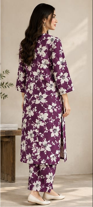 Plum / Purple | 2 PC Stone Linen Floral Printed Suit
