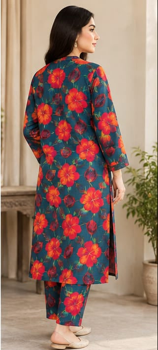 Teal Blue & Orange - 2 PC Stone Linen Floral Printed Suit