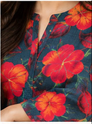 Teal Blue & Orange - 2 PC Stone Linen Floral Printed Suit