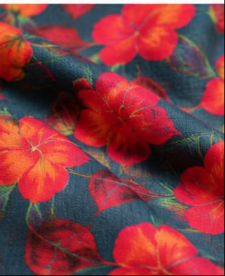 Teal Blue & Orange - 2 PC Stone Linen Floral Printed Suit